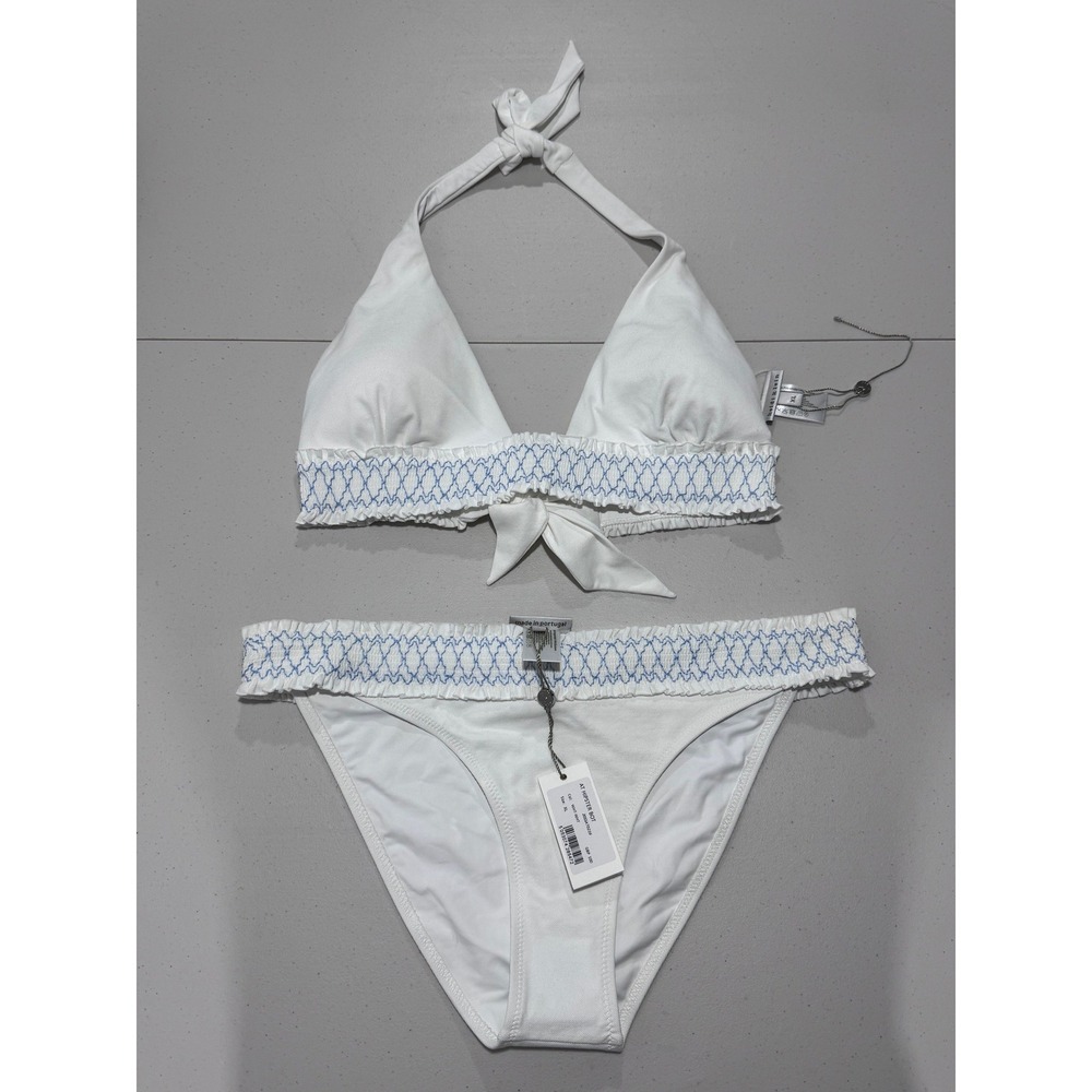 Heidi Klein White Blue Smocked Halter Triangle Swim Set XL Hipster Bottoms